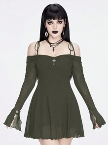 ROMWE Goth Sexy Off Shoulder Twist Mesh Cross Pendant Bodycon Dress - Army Green - View 5
