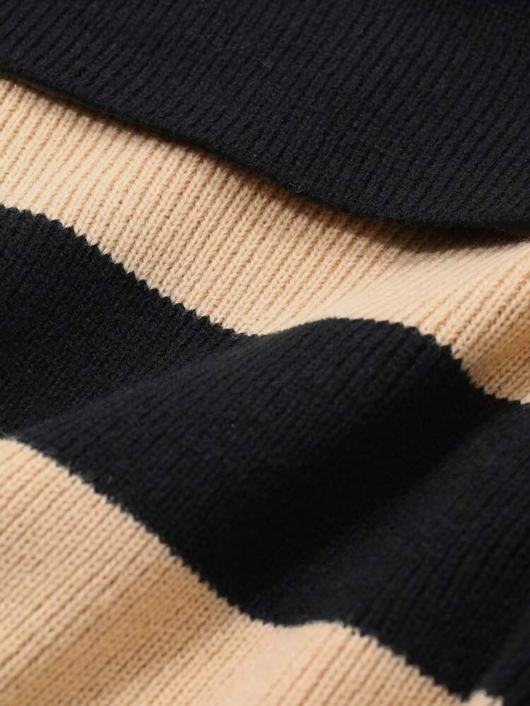 1pc Women Oversized Turnover Collar Striped Long Sleeve Minimalist Sweater, Casual Daily Wear,Fall Clothes Off Shoulder Top