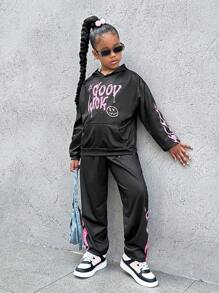 SHEIN Explorewe Tween Girl Letter Print Hoodie And Pants Set - Black - View 3
