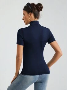 SHEIN Tall Women's Solid Color Basic Black Turtleneck Short-Sleeved T-Shirt - Navy Blue - View 2