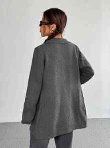 Flirla 女士休闲纯色现代拼布口袋长款开衫 - 灰色 - 查看 2