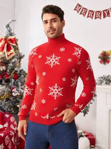 Manfinity VCAY Men's Loose Dropped Shoulder High Neck Long Sleeve Casual Knitted Sweater, Suitable For Autumn/Winter, Christmas, Couple & Family Matching - Red - View 6