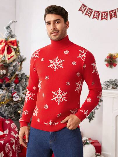 Manfinity VCAY Suéter casual de punto de cuello alto, hombros caídos y manga larga, holgado, apto para otoño/invierno, navidad, a juego en pareja y familia