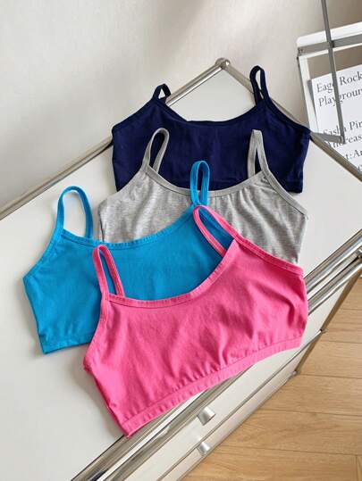 SHEIN 4pcs Tween Girls Minimalist Soft & Comfortable Spaghetti Strap Camisole, Breathable Undershirt For Adolescent Development