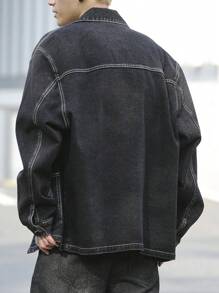 Manfinity Hypemode Men Solid Color Plain Patch Pockets Front Button Closure Long Sleeve Korean Fashion Dark Denim Jacket, For Going Out, Fall - Black - View 2