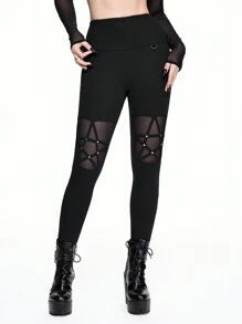 ROMWE Goth Style Pentagram Rivet Mesh Insert Women Stretchy Leggings - Black - View 6