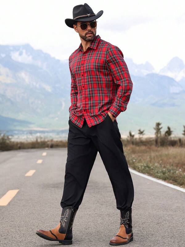 Manfinity Homme 2pcs Men's Fashionable Plaid Print Long Sleeve Shirt And Drawstring Waist Pants Set ,Christmas Plaid Shirt ,Fall Men Clothes ,Men Two Pieces Outfits