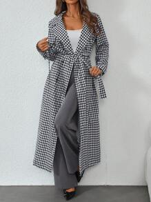 SHEIN Clasi Elegant Commuter Houndstooth Pattern Versatile Women Trench Coat - Black and White - View 1