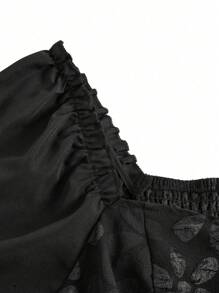 Sweetra Blusa peplum de manga abullonada, cuello cuadrado, cintura ceñida y con diseño de patchwork en jacquard