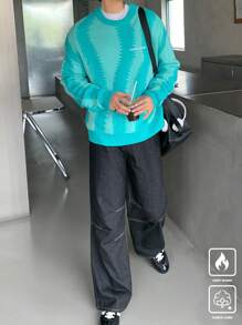 Manfinity Hypemode 男士时尚休闲撞色图案落肩套头长袖毛衣，秋冬季，适合度假、朋友 - 彩色 - 查看 5