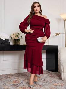 Modelyn Vestido asimétrico de cola de pez de unicolor elegante talla grande, para primavera/otoño, vestidos ajustado elegantes para fiesta de noche/invitada de boda/aniversario, vestido largo burdeos maxi para mujer