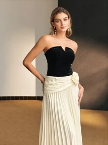 MOTF PREMIUM TWO TONE VELVET BODICE STEREO FLOWER PLEATED HEM TUBE LONG DRESS - Multicolor - View 8