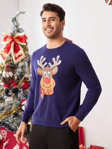 Manfinity VCAY Men's Casual Round Neck Dropped Shoulder Long Sleeve Deer Pattern Graphic Colorful Sweater, Suitable For Autumn/Winter, Christmas, Couples & Family Party, Husband - Navy Blue - View 5