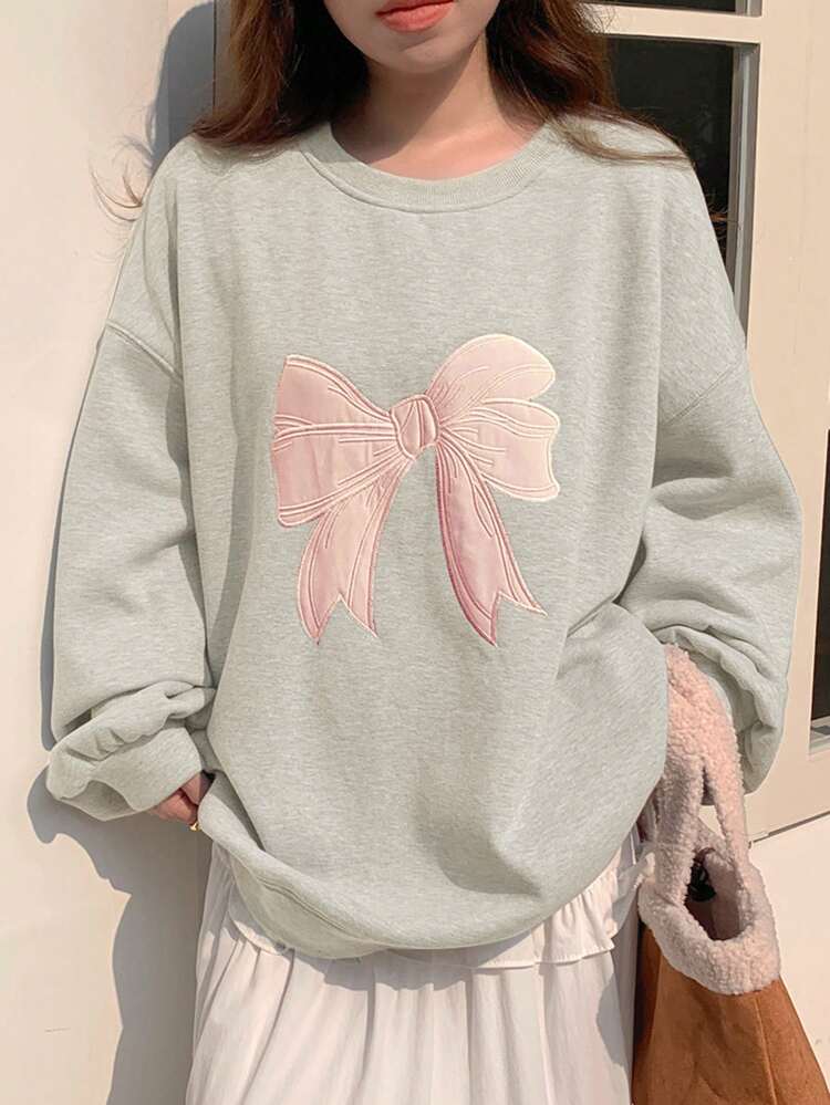 Women's Embroidered Bowknot Crew Neck Fleece Sweatshirt Fall,Winter