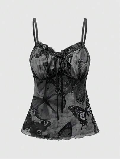 Fairycore Damen Mode Schmetterling Muster Volant Träger Tank Top, Sommer