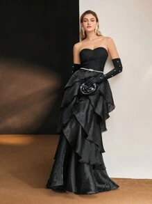 MOTF PREMIUM ORGANZA LACE BODICE LAYERED RUFFLE HEM TUBE COCKTAIL DRESS WITHOUT BELT AND ARM SLEEVES - Black - View 2