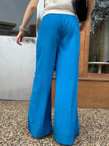INAWLY Women Elastic Waist Flowy Wide Leg Casual Sports Pants - Blue - View 2