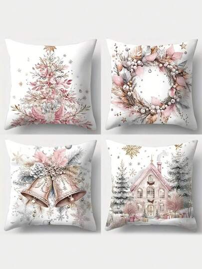 4pcs Festive Christmas Decor Pillowcase Set - Vibrant Holiday Designs With Flower Garland, Tree & Bell Patterns, Soft Polyester Fabric, Zip Closure, Machine Washable, Perfect For Living Room Sofa Decor (Inserts Not Included)