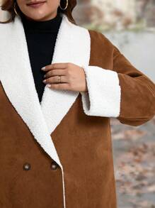 SHEIN LUNE Plus Size Faux Shearling Button Up Jacket, Contrasting Colors, Suitable For Winter