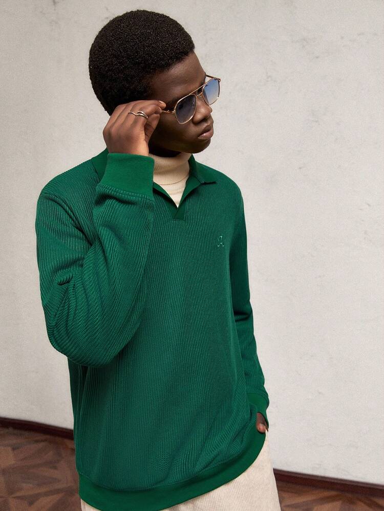 Men's Loose Knitted Dropped Shoulder Letter Embroidery Polo Shirt, Casual Fit For Autumn, For Christmas