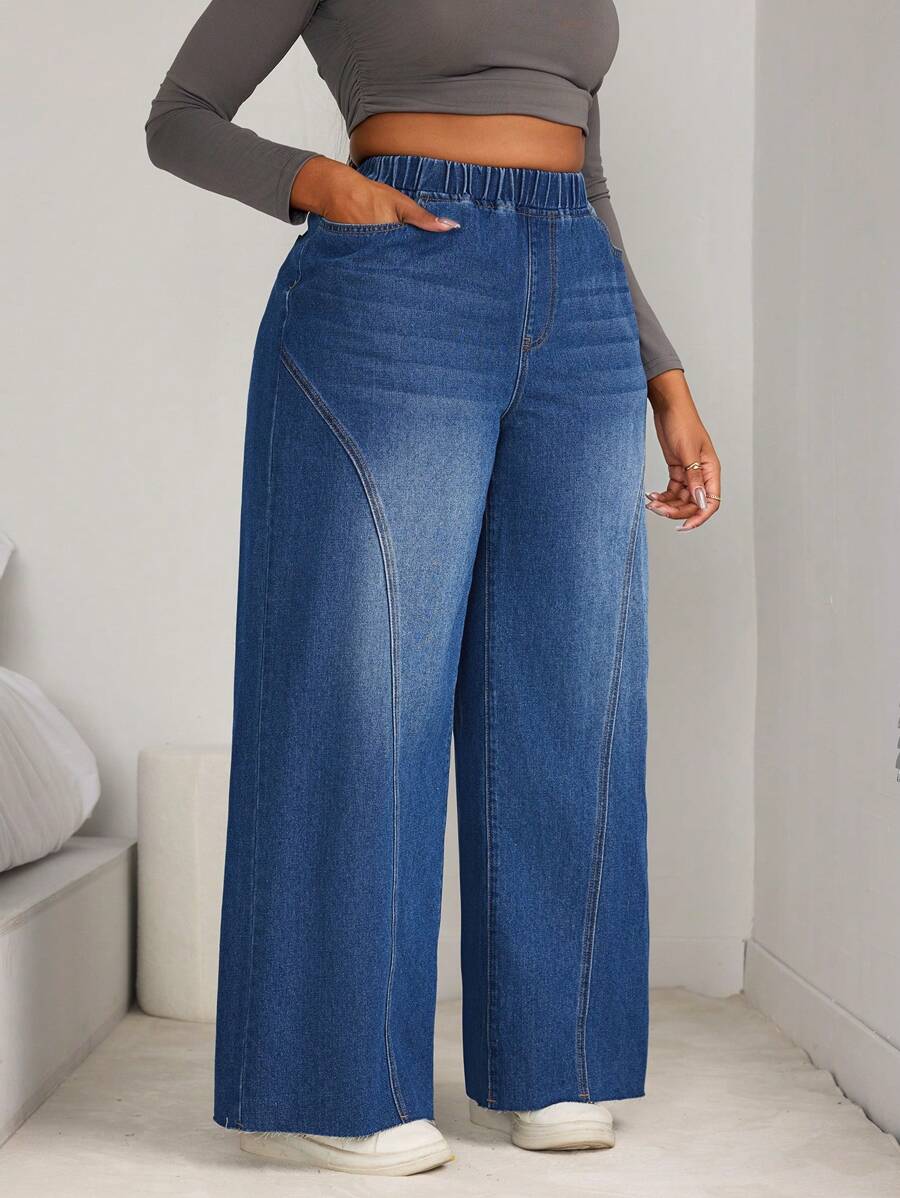 SHEIN SXY Quần Jeans Ống Rộng Lưng Cao Co Giãn Cho Nữ Size Lớn, Thiết Kế Chia Khe Làm Thon Gọn - Màu xanh lam - Xem 1