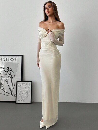 Aloruh Vestido ceñido de mujer con hombros descubiertos, manga larga, arrugado y de malla, vestidos de verano para mujer