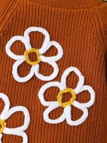 Baby Girls Caramel Floral Design Knit Romper, Warm And Fashionable Infant Bodysuit For Spring, Autumn And Winter - Brown - View 7