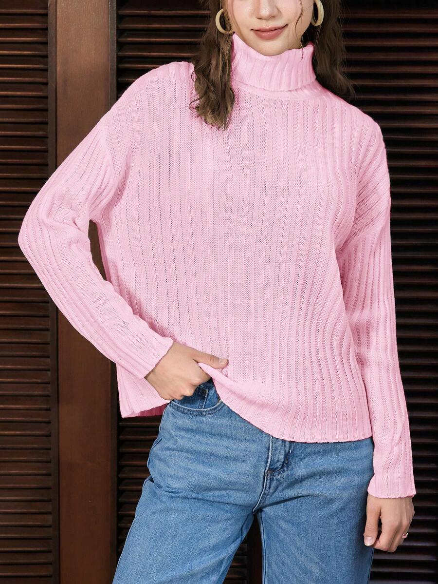 SHEIN EZwear Women's Minimalist High Neck Drop Shoulder Long Sleeve Sweater, Solid Color - Pink - View 1