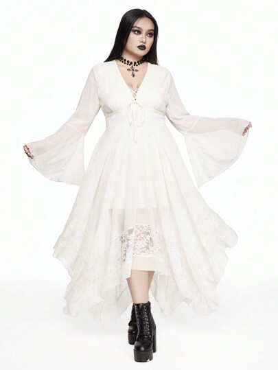 Goth Vestido blanco talla grande con escote profundo en V, mangas acampanadas, bajo asimétrico, encaje de contraste y cintura ceñida