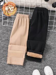 2pcs Kids Tween BoyWinter And Fall Basic Versatile Brown And Fleece Black Pants Suitable For Christmas Parties And Daily Outdoor Wear - Multicolor - View 3