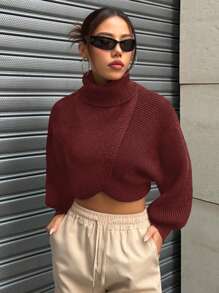 SHEIN Unity Women Casual Daily Solid Color Turtleneck Batwing Sleeve Sweater, Autumn/Winter Knit Pullover Fall - Burgundy - View 3