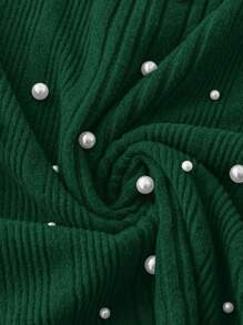 SHEIN LUNE Plus Size Women's Autumn/Winter Faux Pearl Decorated Stand Collar Long Sleeve Elegant Green Holiday Party Dress, For Christmas New Year Winter Clothes For Women New Years Women Outfit