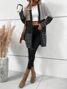 SHEIN LUNE Casual Loose Drop Shoulder Twist Rope Cardigans Open Front Long Sleeve Sweater For Women - Multicolor - View 5