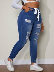 SHEIN SXY 大码前系带破洞休闲牛仔裤