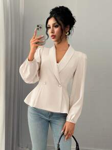 Chiquease 优雅交叉领荷叶边下摆长袖编织衬衫，腰部收紧设计，米色，适合日常穿着，秋冬季 - 杏色 - 查看 5