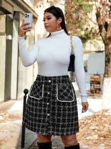 Flirla 加大码女式优雅厚格子开叉下摆半身裙，适合冬季粗花呢女式 - 黑色 - 查看 5