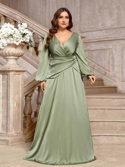 SHEIN Belle Plus Size Gray-Green Overlap Waistband Puff Sleeve Simple Elegant Bridesmaid Dress