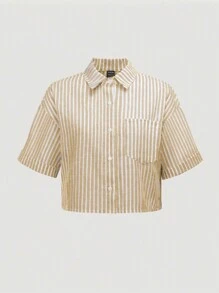 Elamini 女士条纹短款宽松休闲卷袖衬衫 - 黃色 - 查看 3