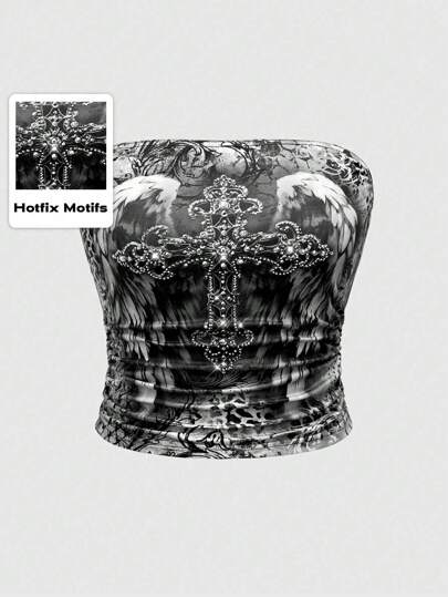 Grunge Punk Dunkles gotisches Vampir Kreuz, Strass & Flügel Muster vintage gerüschtes sexy Camisole Top für Frauen