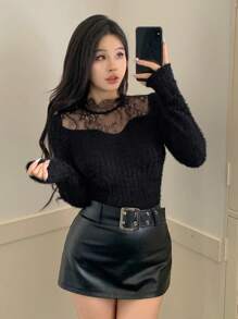DAZY Camiseta de manga larga con parches de encaje y peluche para mujer, adecuada para otoño/invierno, fiestas y vuelta al colegio - Negro - Ver 10