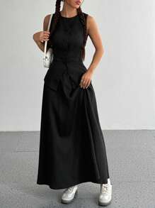 Flirla Women 2 Pieces Set, Casual Front Button Tank Top And Solid Color A-Line Skirt, Suitable For Commuting, Autumn - Black - View 5