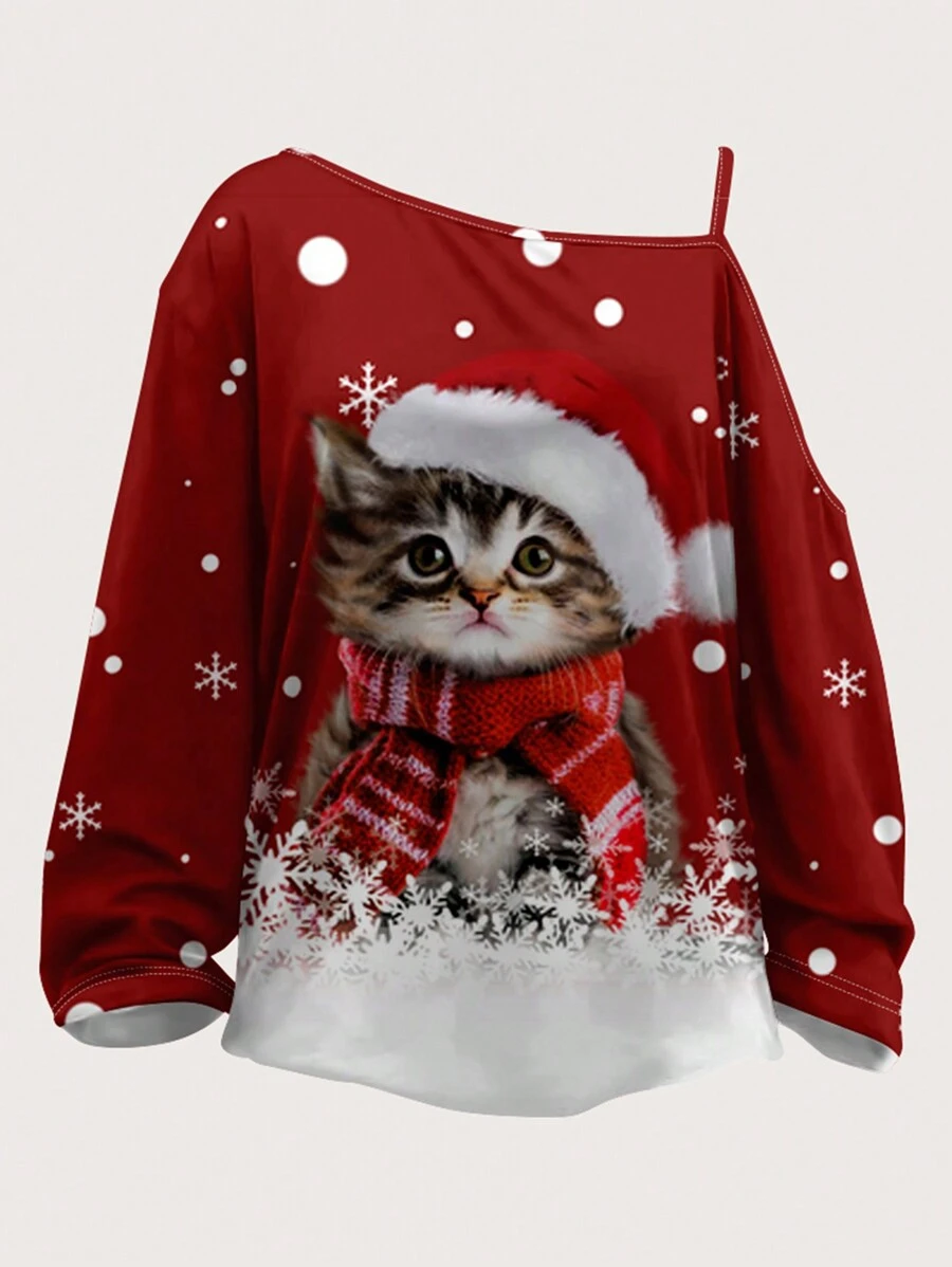 SHEIN LUNE Áo thun hở vai in hình mèo Giáng sinh cỡ lớn, quần áo mùa xuân/thu - Nhiều màu - Xem 1