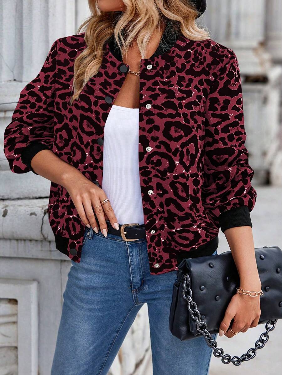 Chiquease Casual Leopard Print Baseball Jacket For Autumn - Burgundy - View 1