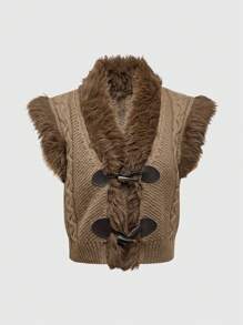 ROMWE Fairycore Women Vintage Fairy Fluffy Patchwork Button Front Sleeveless Sweater Vest, Autumn/Winter