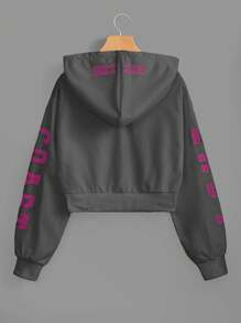 Muchica Women's Pink East Coast Graphic Cropped Drawstring Hoodie - Dark Grey - View 2