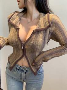 DAZY 女士拉链拼接拼色开衫，长袖，秋冬，秋季女装 - 珊瑚橙 - 查看 6