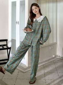 DAZY Cute Plaid Ruffle Collar Lantern Sleeve Loose Pajama Set - Green - View 3