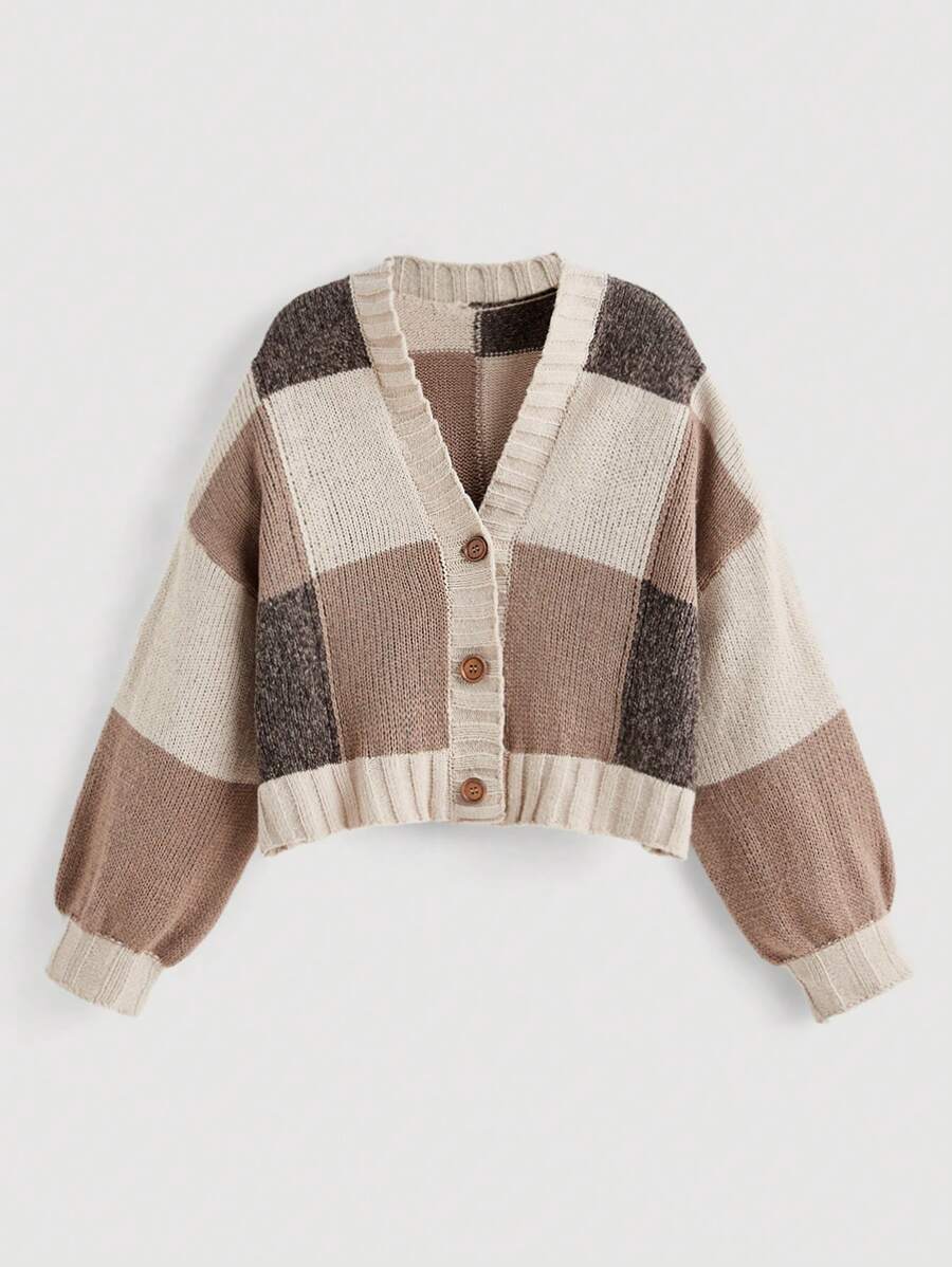 SHEIN MOD 大地色块拼色前开襟羊毛衫 - 彩色 - 查看 1