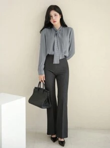 DAZY Casual Business Solid Color Tie Collar Women Blouse,Long Sleeve Tops - Blue - View 6