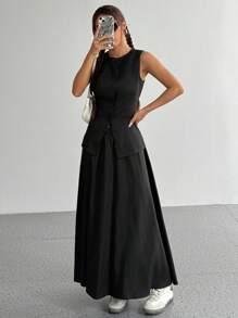 Flirla Women 2 Pieces Set, Casual Front Button Tank Top And Solid Color A-Line Skirt, Suitable For Commuting, Autumn - Black - View 1
